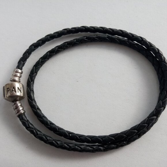 Pandora Double Black Leather Bracelet  S925 ALE 13.5" - Picture 1 of 5